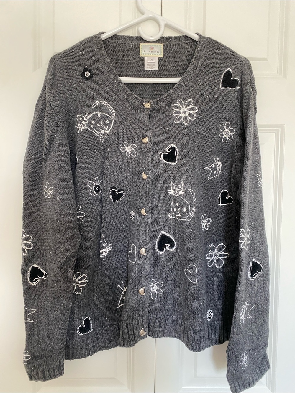 Cozy Gray Cat & Heart Embroidered Button-Up Sweater